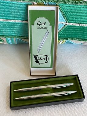VTG 1980s Quill Ballpoint Pen & Mechanical Pencil Set Silver Chrome Original Box